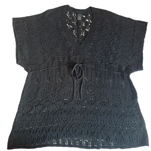 LANE BRYANT Women Sz 18-20 Black Dolman Sleeve Knit Eyelet V-Neck Top Drawstring